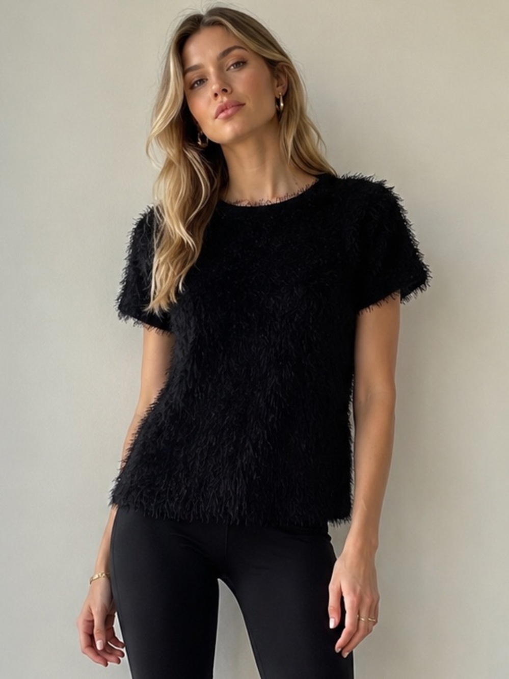 TOPSHOP Black Fuzzy Eyelash Short Sleeve Top – Size US 2